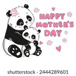 Hand Drawn Cute Panda Bear mother and panda baby vector illustration, Mother day card design
