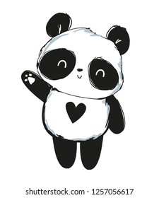 Hand drawn cute panda bear and heart. 