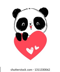 Hand drawn cute panda bear and red heart isolated on white background. vector illustration.