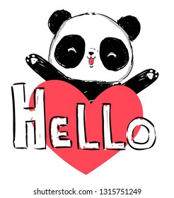 Hand drawn cute panda bear and red heart isolated on white background. vector illustration.