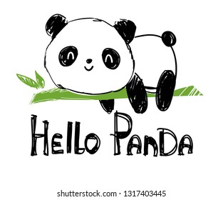 Hand drawn Cute panda bear sitting on the bamboo. Handwritten - Hello Panda. vector illustration.