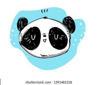 Hand drawn cute panda bear on a blue decorative background. Children's style illustration. Vector. 