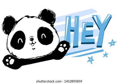 Hand Drawn Cute Panda bear. cartoon character. Children print on t-shirt.  Illustration.