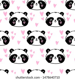 Hand drawn cute panda bear and heart pattern seamless.