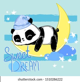 Hand drawn Cute Panda Bear Sleeping on the Moon. Children's print for pajamas. Childish fairytale illustration. Vector.
