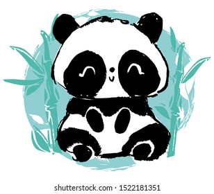 Hand drawn Cute panda bear and bamboo. Vector illustration. 