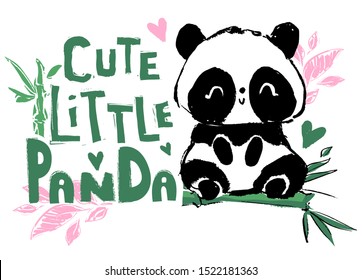 Hand drawn Cute panda bear sitting on the bamboo. Vector illustration. Print design for baby t-shirt.