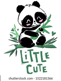 Hand drawn Cute panda bear sitting on the bamboo. Vector illustration. Print design for baby t-shirt.