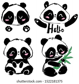 Hand drawn Cute panda bear set. Vector illustration. Print design for baby t-shirt.