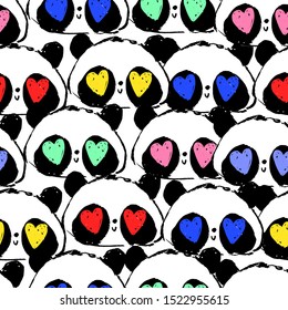 Hand drawn cute Panda bear and heart pattern seamless. Vector illustration.