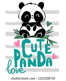 Hand drawn Cute panda bear and bamboo. Print for children. Textile design trend. Vector illustration. Sketch cartoon character.