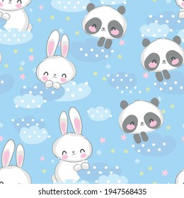 Hand Drawn cute Panda bear and Bunny seamless Pattern, print design background, children print textile design vector illustration Little Rabbit and Teddy