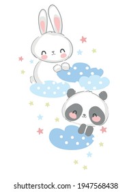 Hand Drawn cute Panda bear and Bunny seamless Pattern, print design background, children print textile design vector illustration Little Rabbit and Teddy