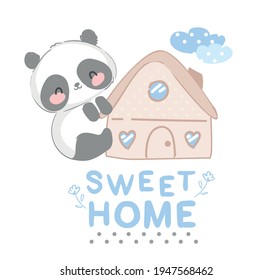 Hand drawn cute panda bear and sweet home vector illustration