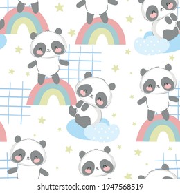 Oso Panda lindo de mano dibujado con arco iris sin costura Patrón, fondo de diseño de impresión, niños imprimir ilustración de vector de diseño textil