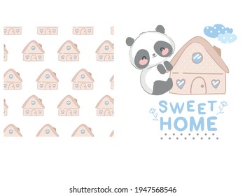 Hand drawn cute panda bear and sweet home vector illustration seamless pattern