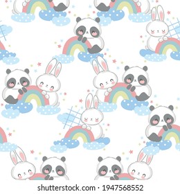 Hand Drawn cute Panda bear with rainbow seamless Pattern, print design background, children print textile design vector illustration