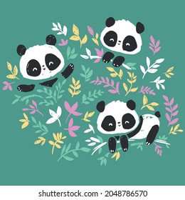 Hand drawn Cute Panda bear and bamboo and leaves vector illustration.