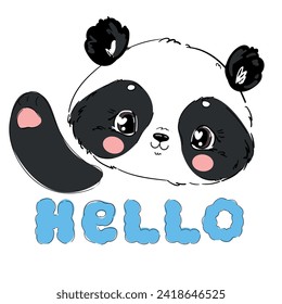 Un lindo oso panda dibujado por mano dice hola ilustración vectorial, niños diseño de impresión