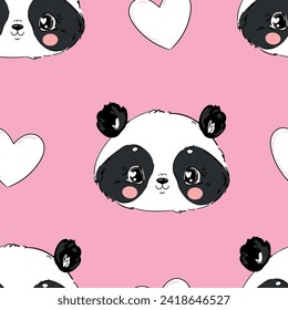 Patrón sin fisuras del oso panda lindo de mano de tirada, tarjeta de saludo de diseño para el día de San Valentín, ilustración vectorial