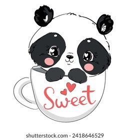 Hand drawn Cute Panda Bear sitting in a cup, Kids print vector illustration 