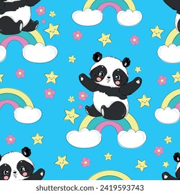 Hand Drawn cute Panda Bear with Rainbow Seamless Pattern, print design background, children print textile design vector illustration