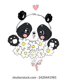 Dibujo manual lindo oso panda y flores ilustración vectorial, niños diseño de impresión