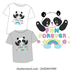 Hand Drawn Cute Panda Bear with rainbow vector illustration.Print Design, Kids print on t-shirt.