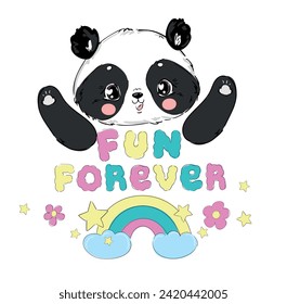 Hand Drawn Cute Panda Bear with rainbow vector illustration. Design print 