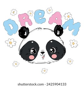 Hand drawn Cute Panda bear and flowers vector illustration, kids print design Dream 