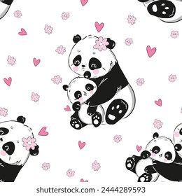 Hand Drawn Cute Panda Bear mother and panda baby seamless pattern vector illustration, Mother day design