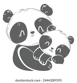 Hand Drawn Cute Panda Bear mother and panda baby vector illustration, Mother day card design