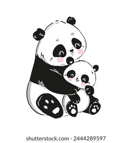 Hand Drawn Cute Panda Bear mother and panda baby vector illustration, Mother day card design