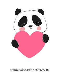 Hand Drawn Cute Panda Bear, vector illustration, Design Postcard St. Valentine's Day