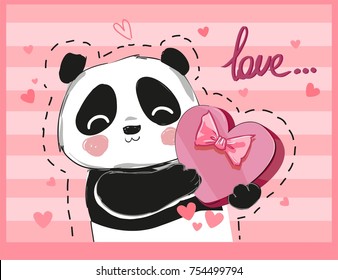 Hand Drawn Cute Panda Bear, vector illustration, Design Postcard St. Valentine's Day