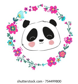 Hand Drawn Cute Panda Bear, vector illustration, Design Postcard. Flowers frame.