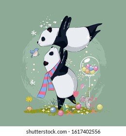 hand drawn cute panda best friends illustration for kids. Can be used for t-shirt print, kids wear fashion design, baby shower invitation card.