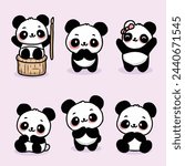 hand drawn cute panda cartoon character set