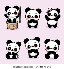 hand drawn cute panda cartoon character set