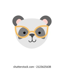 Hand drawn cute panda. Childish animal white bear with grey eyes and pink ears and golden glass. Vector illustration isolated on white.