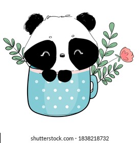 Hand drawn cute panda with cup and succulent and leaves vector illustration