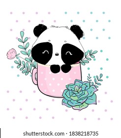 Hand drawn cute panda with cup and succulent and leaves vector illustration