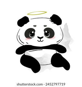 Hand drawn Cute Panda. Doodle poster with adorable baby panda with halo above his head. Icon with black and white asian bear. Cartoon flat vector illustration isolated on white background