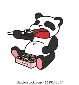 Hand drawn cute Panda eating sushi with chopsticks.Vector illustration on a white isolated background.Design for greeting cards banners.Animal