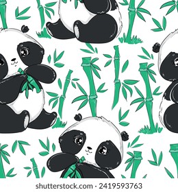 Hand Drawn cute panda eating bamboo vector illustration, panda bear seamless pattern