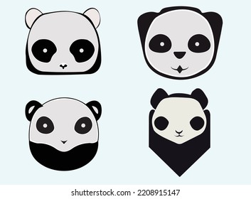 Hand drawn cute panda face flat vector illustration. Adorable panda bear head collection isolated on white background for comic element, t-shirt, sticker design.