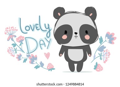 Hand drawn cute panda with flowers. Vector illustration. Design print.