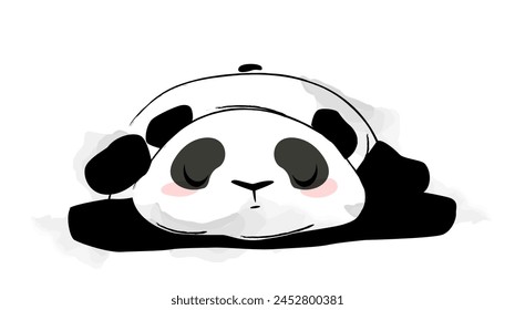 Hand drawn Cute Panda. Funny fluffy baby panda lies on ground and rests. Doodle sticker with adorable tired black and white Asian bear. Cartoon flat vector illustration isolated on white background