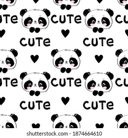 Hand drawn cute panda and heart seamless pattern background vector