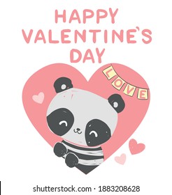 Hand drawn cute panda with a heart. Vector illustration valentines day card children print on t-shirt.